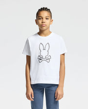The image shows a white short-sleeved t-shirt with a black Psycho Bunny logo on the left chest.