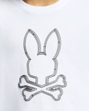 The image shows a white short-sleeved t-shirt with a black Psycho Bunny logo on the left chest.