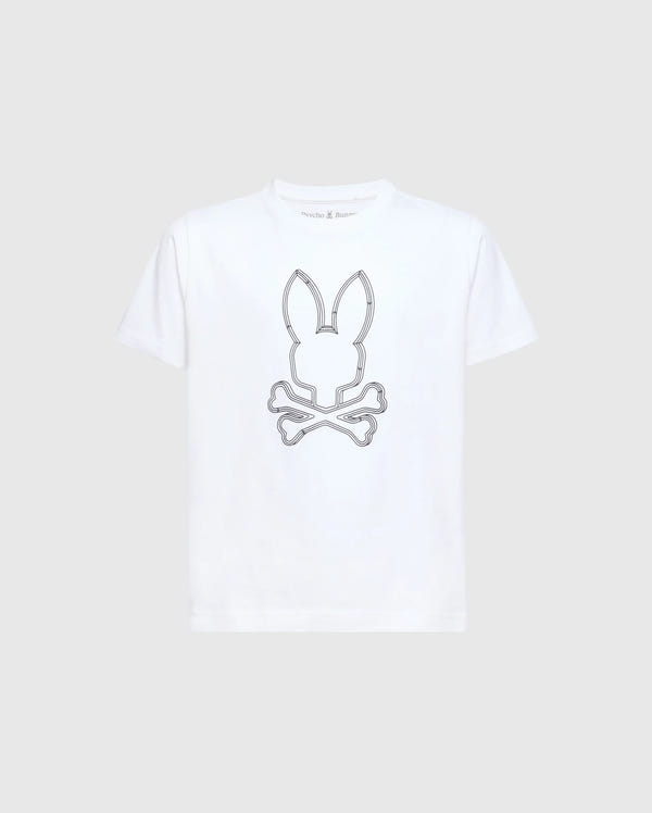 The image shows a white short-sleeved crew neck t-shirt with a black Psycho Bunny logo on the left chest.