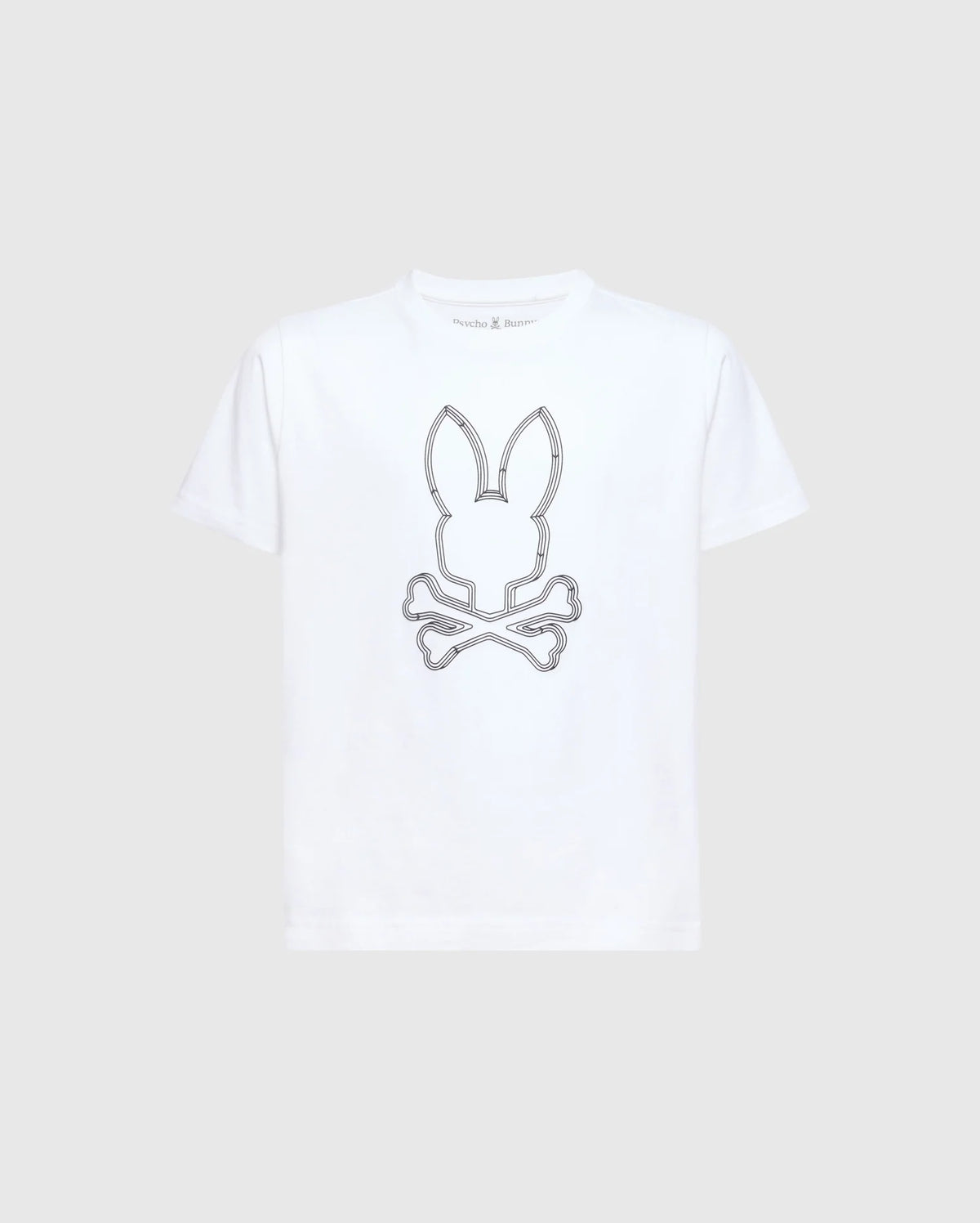The image shows a white short-sleeved crew neck t-shirt with a black Psycho Bunny logo on the left chest.