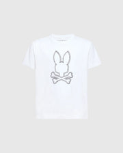 The image shows a white short-sleeved crew neck t-shirt with a black Psycho Bunny logo on the left chest.