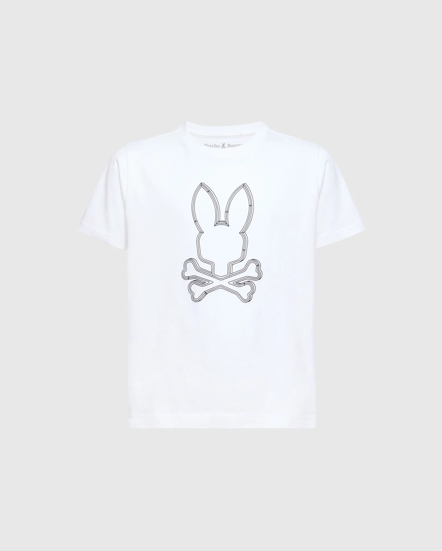 The image shows a white short-sleeved crew neck t-shirt with a black Psycho Bunny logo on the left chest.