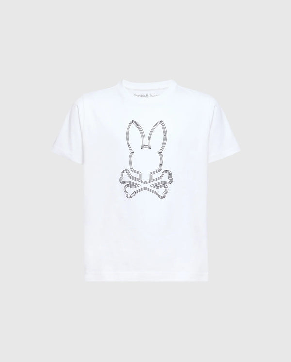 The image shows a white short-sleeved crew neck t-shirt with a black Psycho Bunny logo on the left chest.