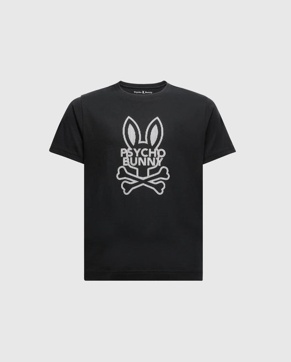 The KIDS DUMON GRAPHIC TEE - B0U271E200 by Psycho Bunny is a stylish black T-shirt made from soft Pima cotton, featuring a bold bunny with large ears above crossed bones. The words "PSYCHO BUNNY" enhance the edgy look of this kids' graphic tee, which stands out dramatically against a plain white background.