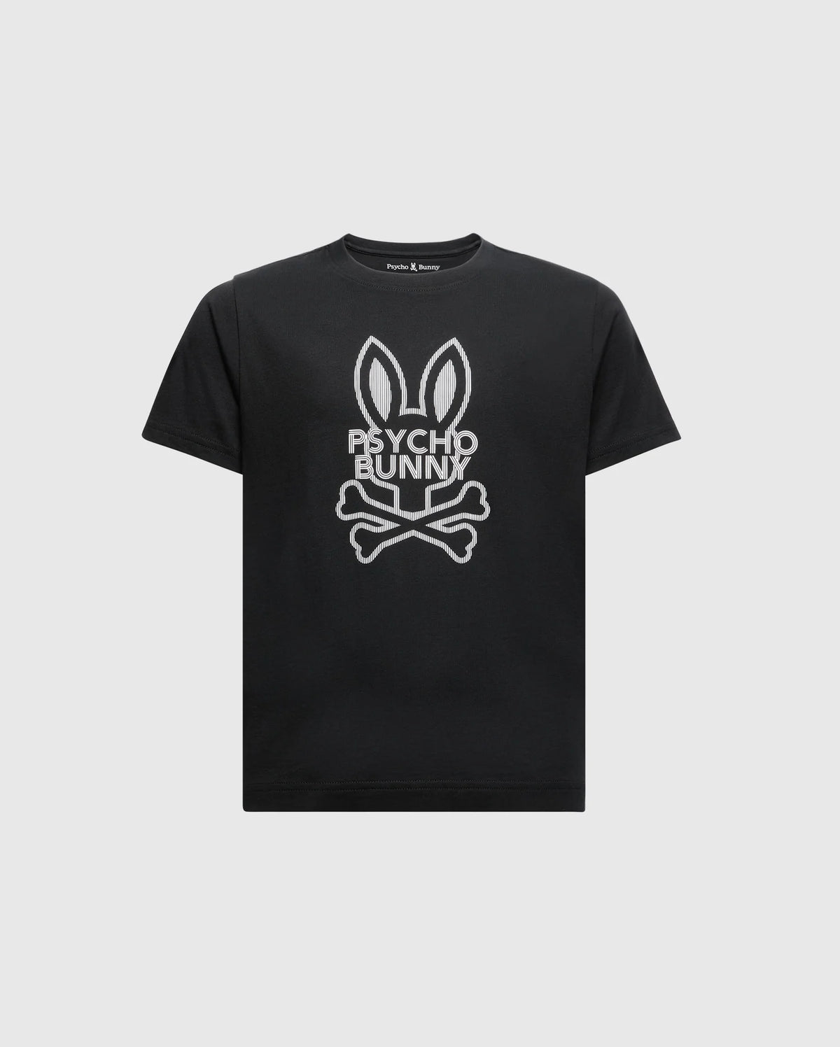 The KIDS DUMON GRAPHIC TEE - B0U271E200 by Psycho Bunny is a stylish black T-shirt made from soft Pima cotton, featuring a bold bunny with large ears above crossed bones. The words "PSYCHO BUNNY" enhance the edgy look of this kids' graphic tee, which stands out dramatically against a plain white background.