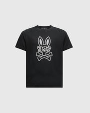 The KIDS DUMON GRAPHIC TEE - B0U271E200 by Psycho Bunny is a stylish black T-shirt made from soft Pima cotton, featuring a bold bunny with large ears above crossed bones. The words "PSYCHO BUNNY" enhance the edgy look of this kids' graphic tee, which stands out dramatically against a plain white background.