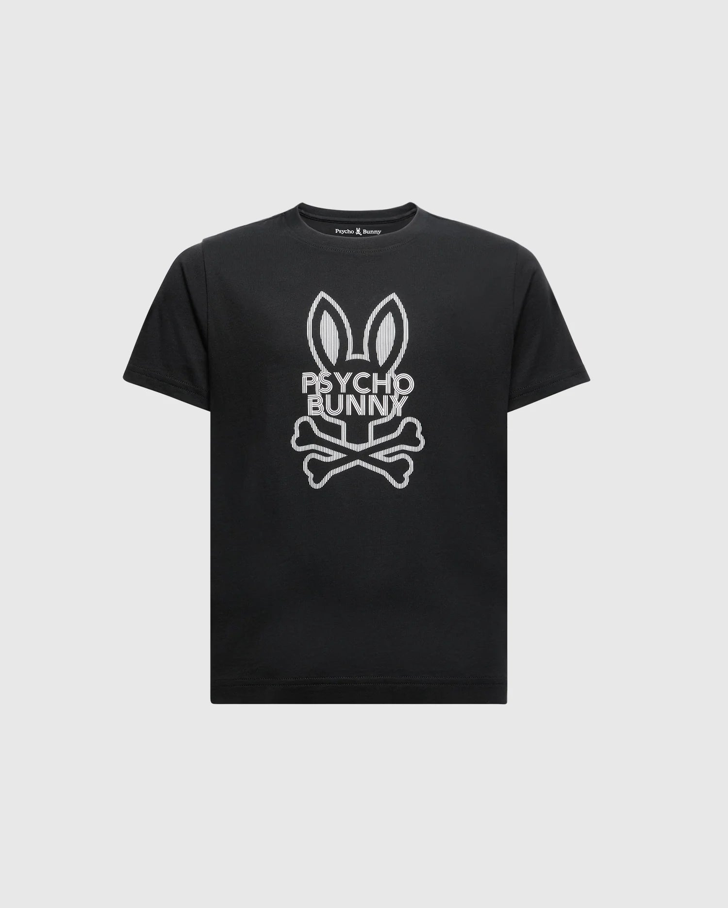 The KIDS DUMON GRAPHIC TEE - B0U271E200 by Psycho Bunny is a stylish black T-shirt made from soft Pima cotton, featuring a bold bunny with large ears above crossed bones. The words "PSYCHO BUNNY" enhance the edgy look of this kids' graphic tee, which stands out dramatically against a plain white background.