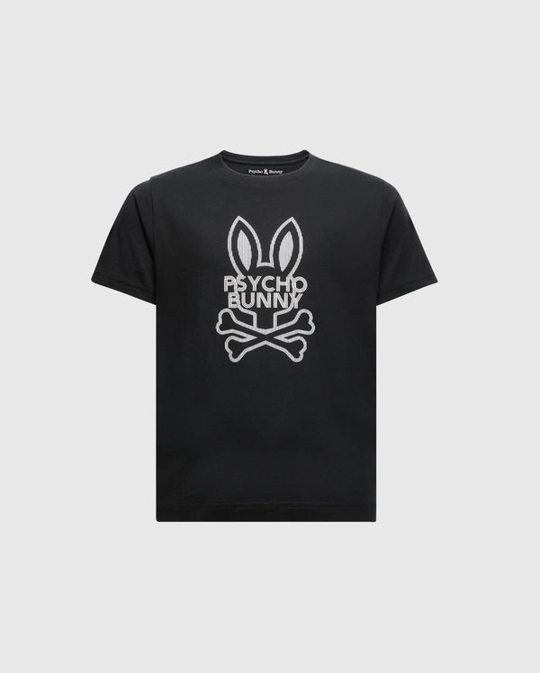 The KIDS DUMON GRAPHIC TEE - B0U271E200 by Psycho Bunny is a stylish black T-shirt made from soft Pima cotton, featuring a bold bunny with large ears above crossed bones. The words "PSYCHO BUNNY" enhance the edgy look of this kids' graphic tee, which stands out dramatically against a plain white background.