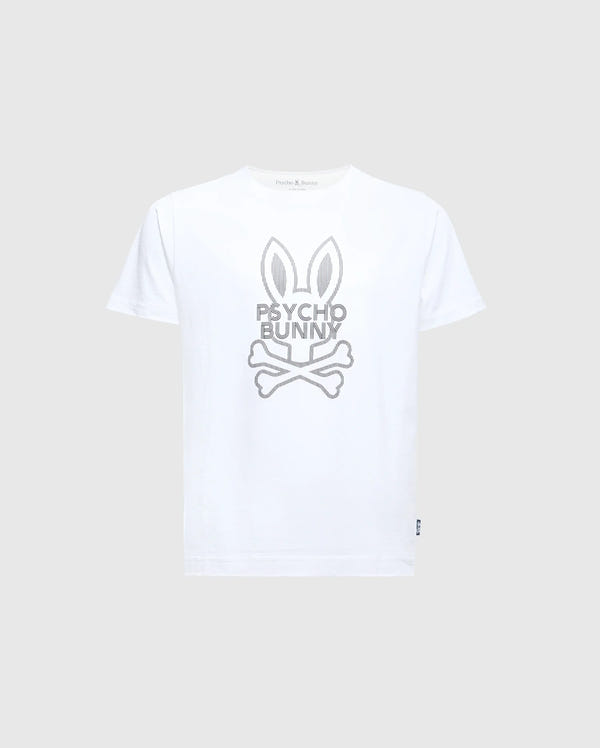 The KIDS DUMON GRAPHIC TEE - B0U271E200 by Psycho Bunny is a stylish white tee made from soft Pima Cotton, featuring the iconic gray stylized bunny head above crossed bones design.