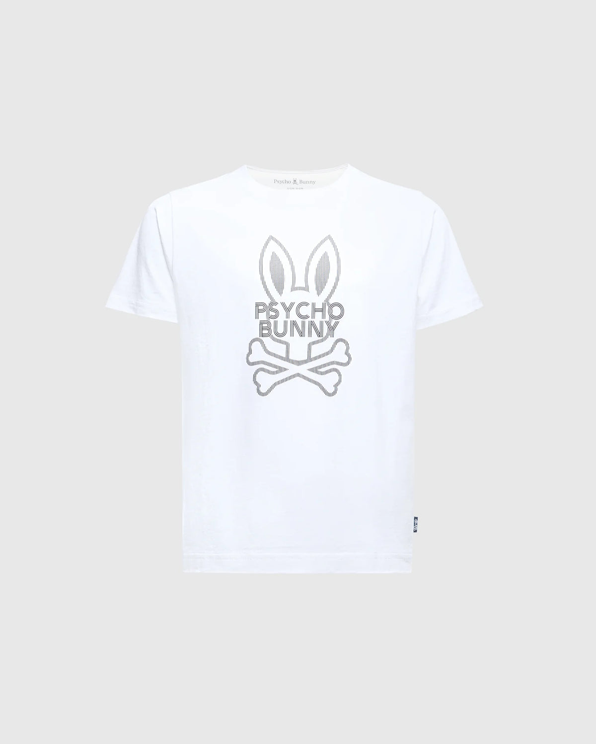 The KIDS DUMON GRAPHIC TEE - B0U271E200 by Psycho Bunny is a stylish white tee made from soft Pima Cotton, featuring the iconic gray stylized bunny head above crossed bones design.
