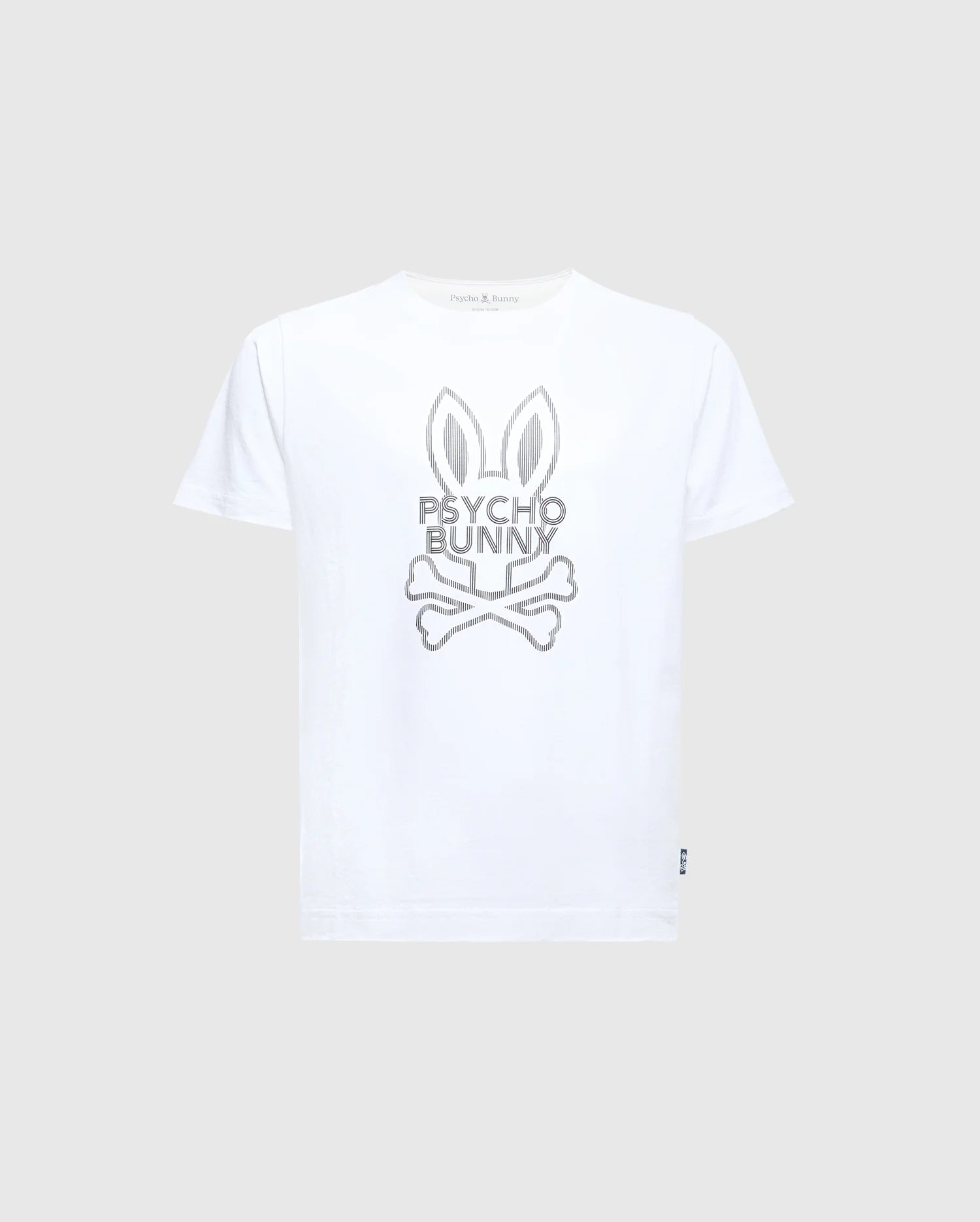 The KIDS DUMON GRAPHIC TEE - B0U271E200 by Psycho Bunny is a stylish white tee made from soft Pima Cotton, featuring the iconic gray stylized bunny head above crossed bones design.