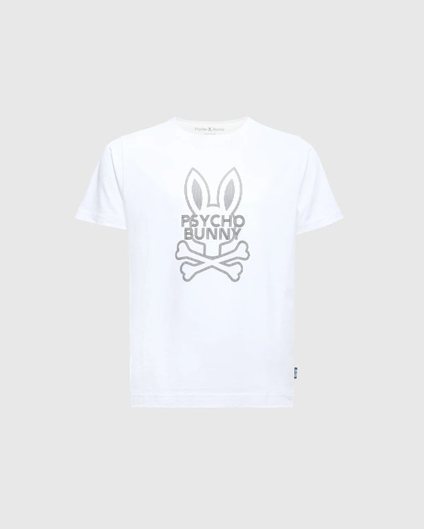 The KIDS DUMON GRAPHIC TEE - B0U271E200 by Psycho Bunny is a stylish white tee made from soft Pima Cotton, featuring the iconic gray stylized bunny head above crossed bones design.