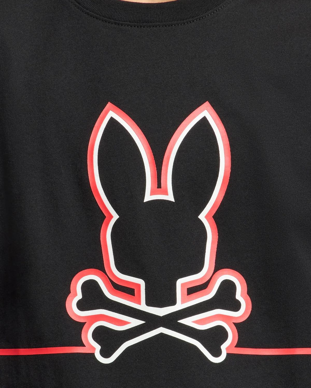 The KIDS DACANO FRONT GRAPHIC TEE - B0U314E200 by Psycho Bunny is a regular fit black shirt featuring a red outlined stylized rabbit head above crossed bones, offering comfort for any casual outing.