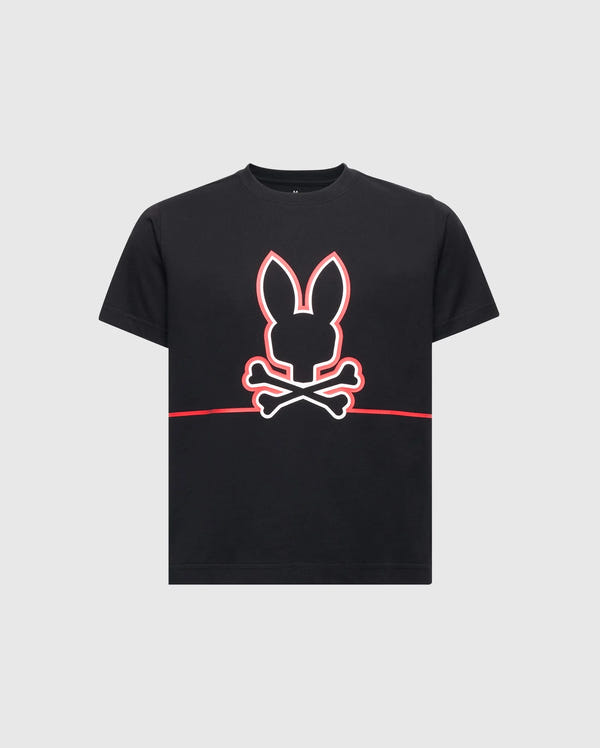 The Psycho Bunny KIDS DACANO FRONT GRAPHIC TEE (B0U314E200) combines style and comfort with its black design, featuring a white outline of a stylized rabbit's head above red crossed bones, offering a playful twist on the classic skull and crossbones motif—ideal for any casual outing.