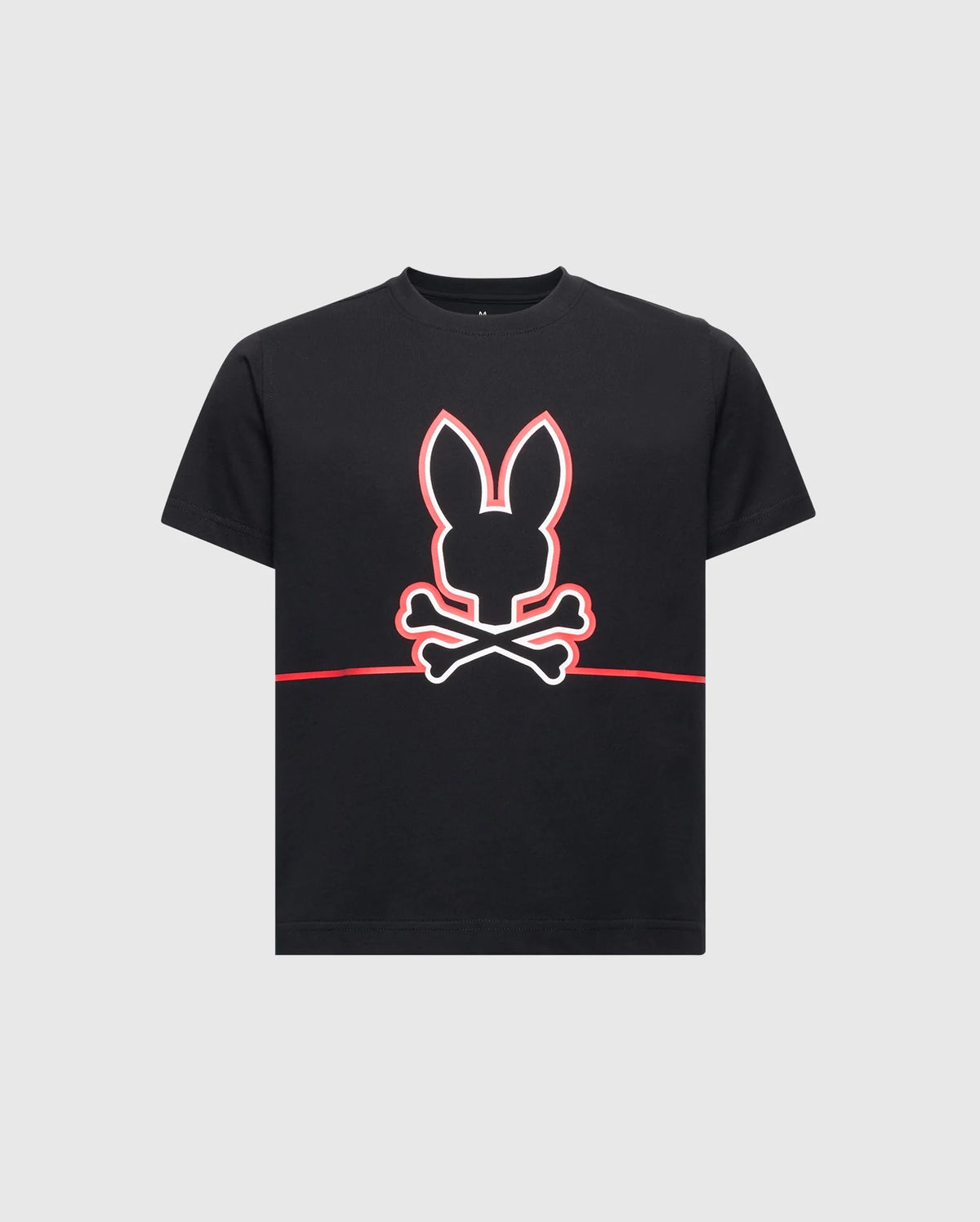The Psycho Bunny KIDS DACANO FRONT GRAPHIC TEE (B0U314E200) combines style and comfort with its black design, featuring a white outline of a stylized rabbit's head above red crossed bones, offering a playful twist on the classic skull and crossbones motif—ideal for any casual outing.