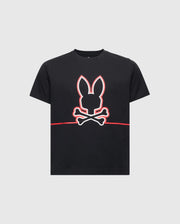 The Psycho Bunny KIDS DACANO FRONT GRAPHIC TEE (B0U314E200) combines style and comfort with its black design, featuring a white outline of a stylized rabbit's head above red crossed bones, offering a playful twist on the classic skull and crossbones motif—ideal for any casual outing.