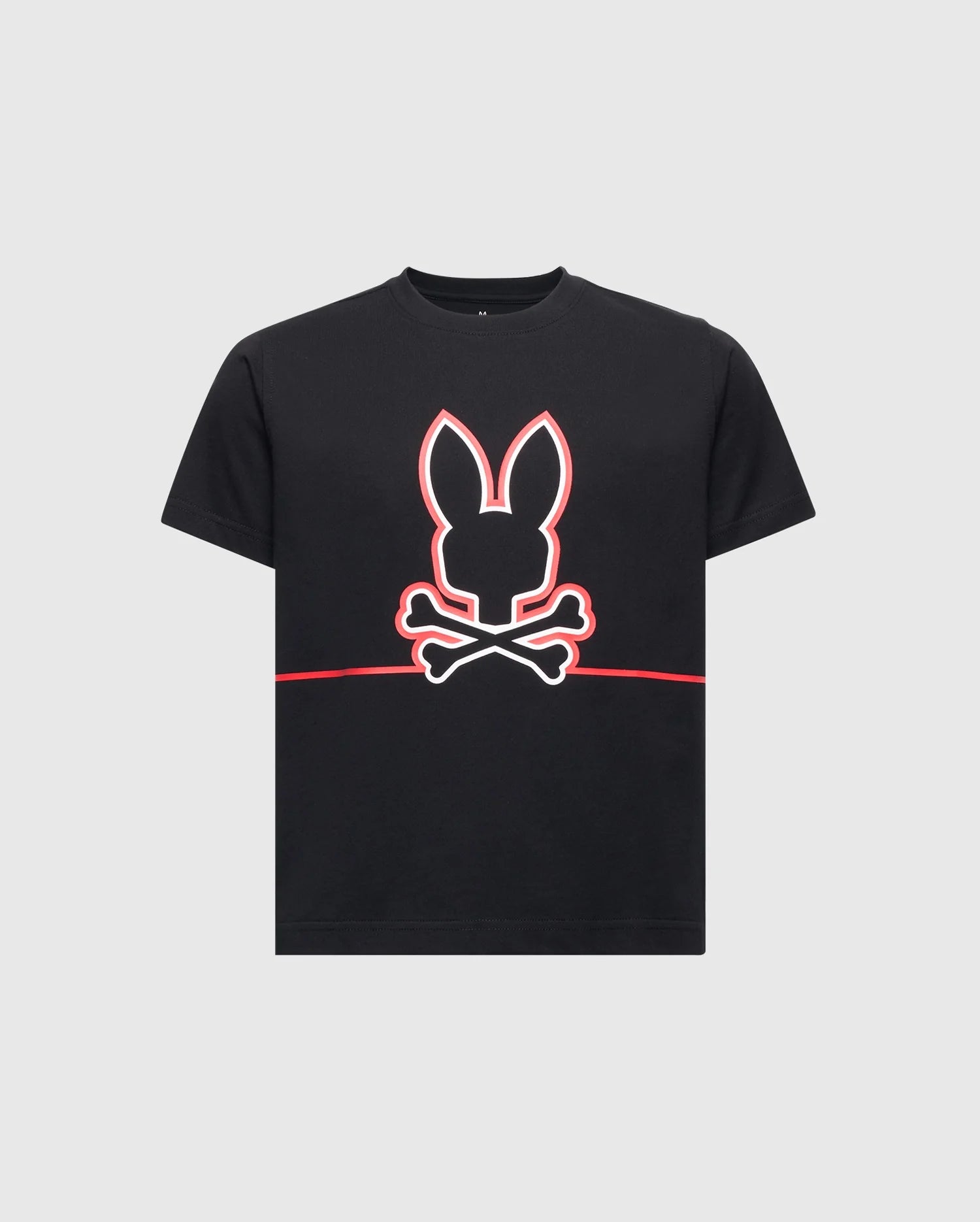 The Psycho Bunny KIDS DACANO FRONT GRAPHIC TEE (B0U314E200) combines style and comfort with its black design, featuring a white outline of a stylized rabbit's head above red crossed bones, offering a playful twist on the classic skull and crossbones motif—ideal for any casual outing.