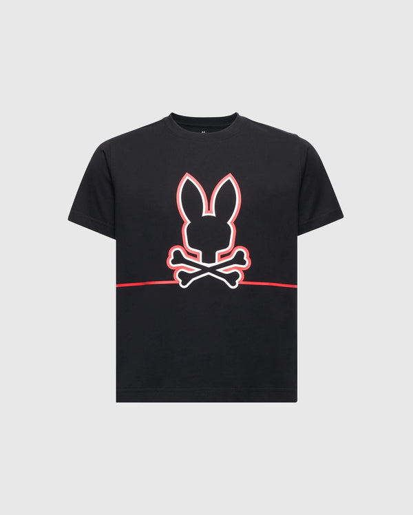 The Psycho Bunny KIDS DACANO FRONT GRAPHIC TEE (B0U314E200) combines style and comfort with its black design, featuring a white outline of a stylized rabbit's head above red crossed bones, offering a playful twist on the classic skull and crossbones motif—ideal for any casual outing.