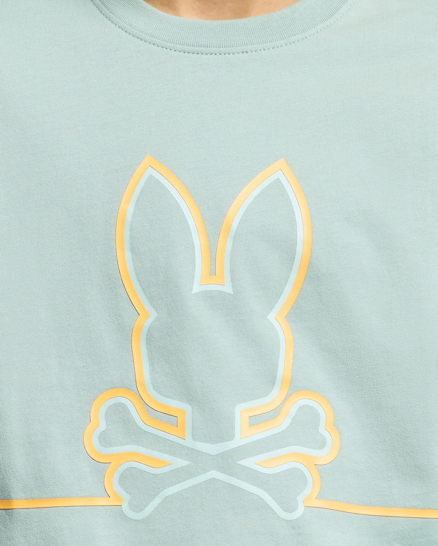 The KIDS DACANO FRONT GRAPHIC TEE by Psycho Bunny (B0U314E200) features a stylish light green color, showcasing a bunny head outline above crossed bones in a unique skull and crossbones style. The yellow and white graphic is centered on the chest, adding comfort-forward flair to this regular fit tee.