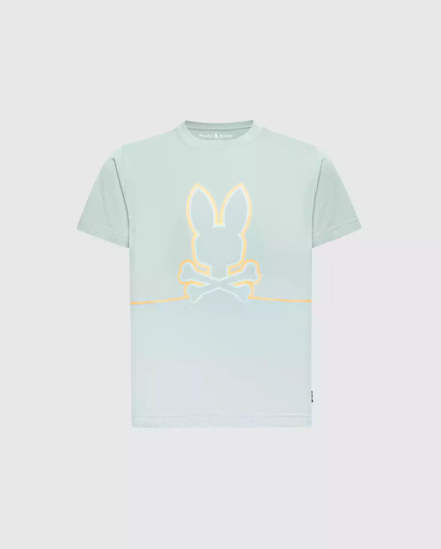 The KIDS DACANO FRONT GRAPHIC TEE - B0U314E200 by Psycho Bunny is a comfortable mint green T-shirt featuring a glowing bunny head with crossed bones design on the front, set against a plain gray background.