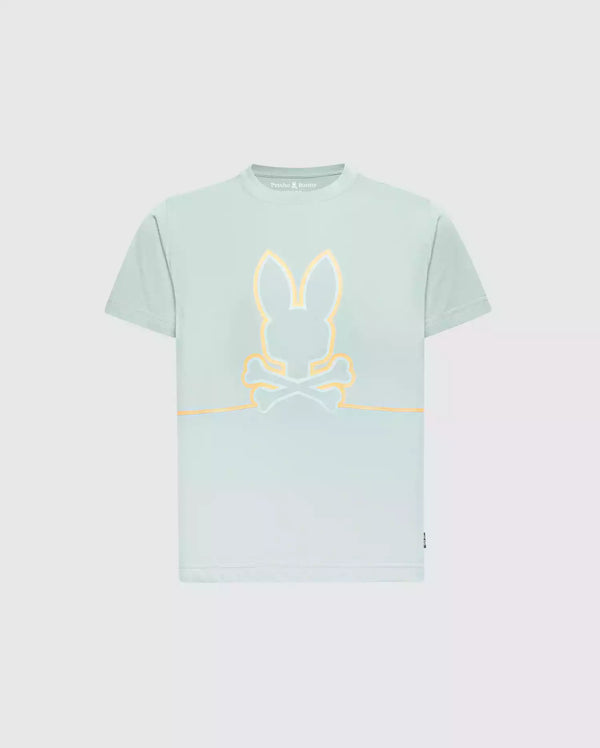 The KIDS DACANO FRONT GRAPHIC TEE - B0U314E200 by Psycho Bunny is a comfortable mint green T-shirt featuring a glowing bunny head with crossed bones design on the front, set against a plain gray background.