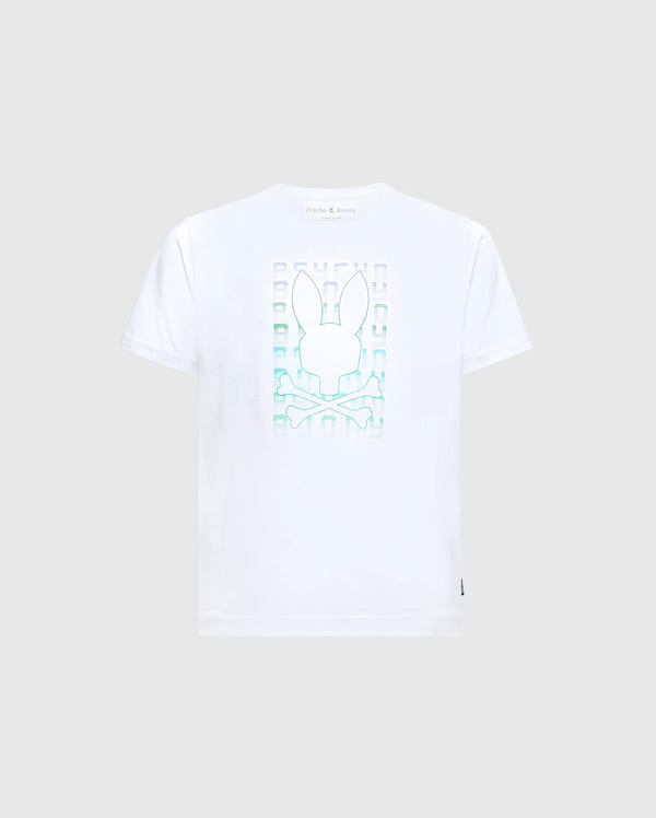 The Psycho Bunny KIDS CORTES GRAPHIC TEE - B0U328E200 is a trendy option for children, showcasing a stylized bunny head with elongated ears and crossbones beneath, all printed in a gradient from light blue to light green on the front. Made entirely from 100% cotton, it offers supreme comfort.