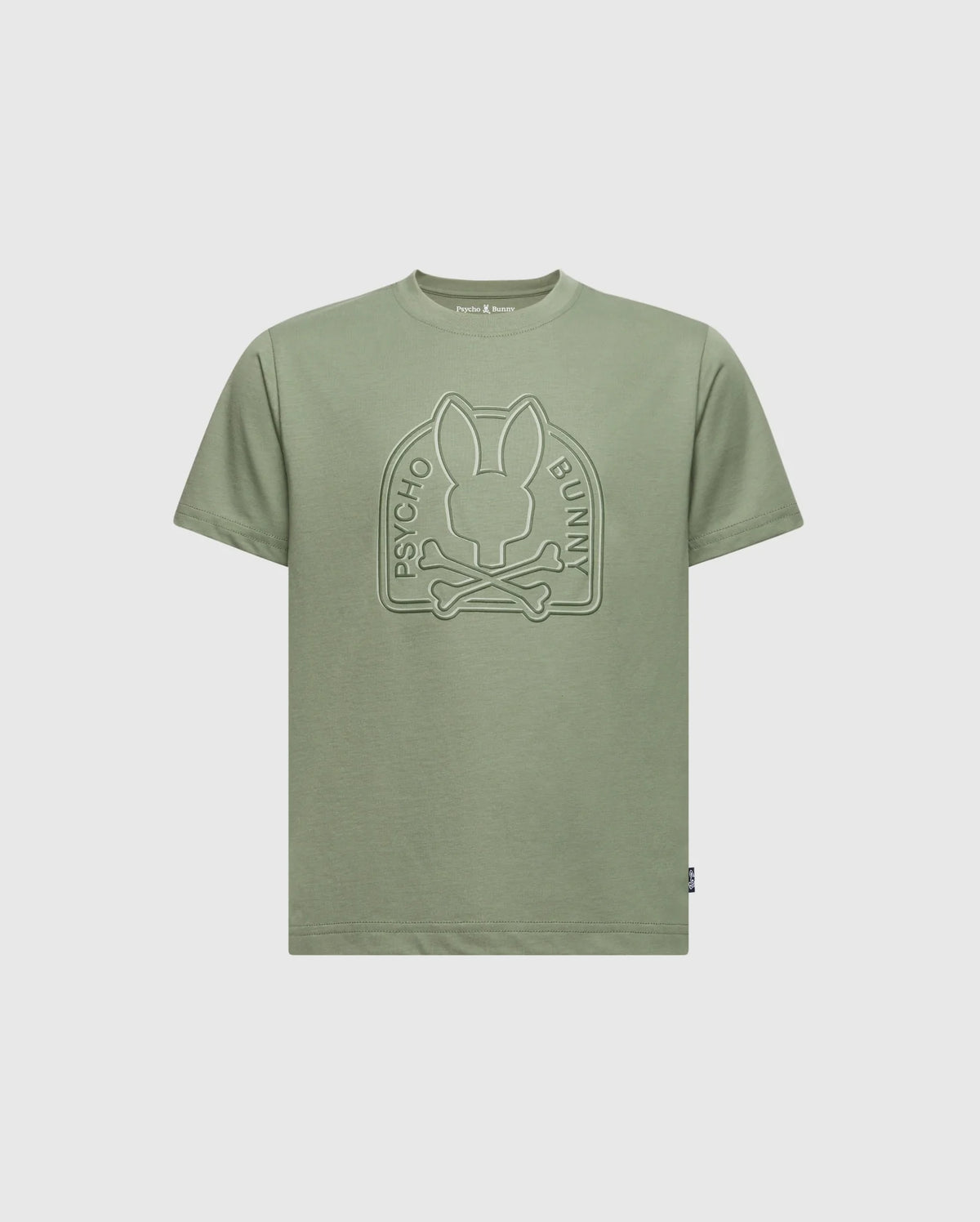 The KIDS MELBOURNE GRAPHIC TEE - B0U410F200 by Psycho Bunny combines style and comfort with its olive green Pima cotton fabric, featuring a water-based print with an embossed logo, a bunny skull graphic, the text "Psycho Bunny," short sleeves, and a ribbed crew neck.