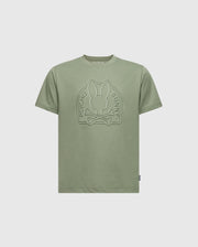 The KIDS MELBOURNE GRAPHIC TEE - B0U410F200 by Psycho Bunny combines style and comfort with its olive green Pima cotton fabric, featuring a water-based print with an embossed logo, a bunny skull graphic, the text "Psycho Bunny," short sleeves, and a ribbed crew neck.