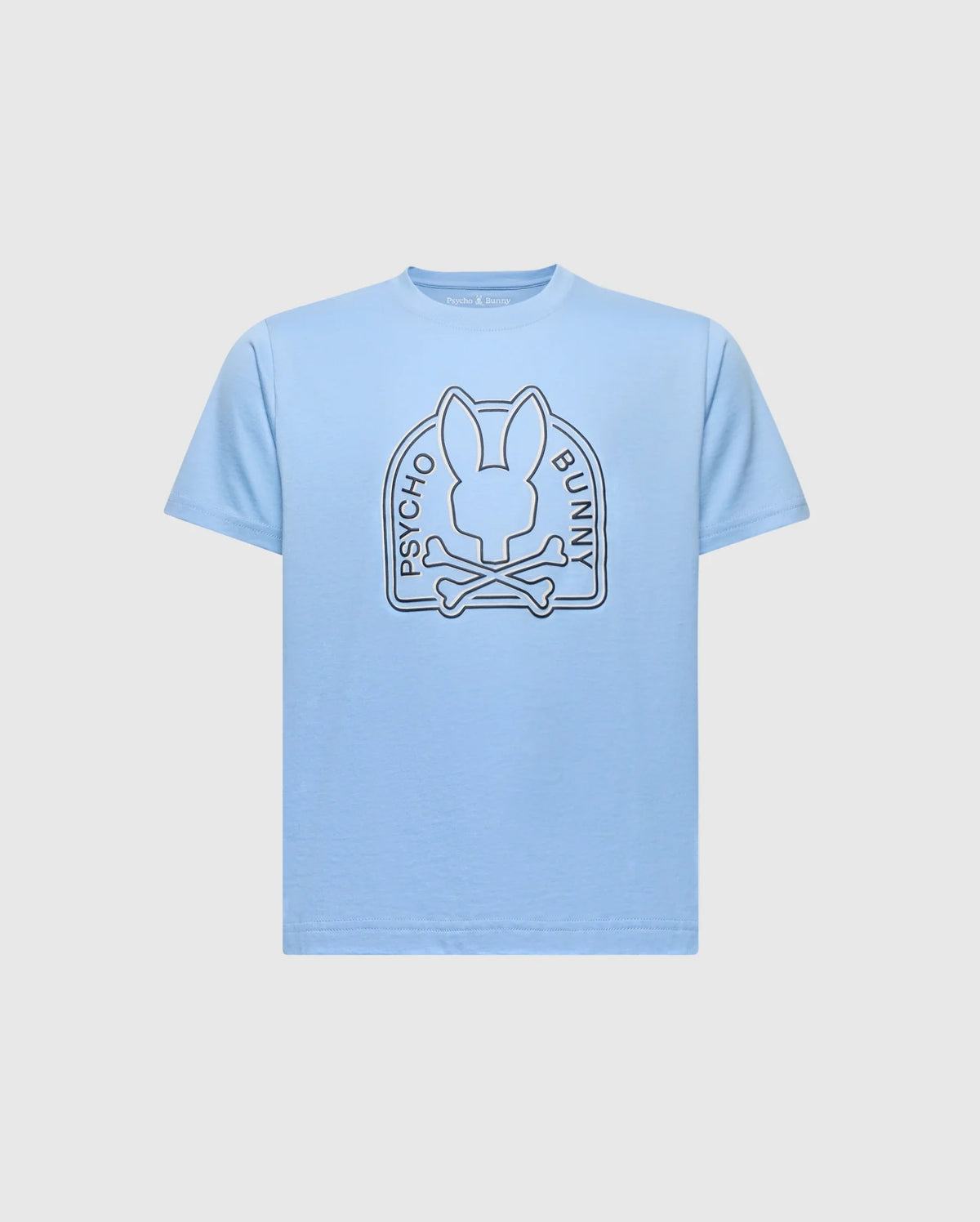 The KIDS MELBOURNE GRAPHIC TEE (B0U410F200) by Psycho Bunny is light blue and made from eco-friendly Peruvian Pima cotton. It features a stylized bunny head with crossbones, encircled by the words "Psycho Bunny.