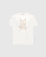 Introducing Psycho Bunny's Kids New Castle Embroidered Graphic Tee (B0U415F200): A white Pima cotton T-shirt showcasing a beige embroidered rabbit's head with crossed bones on the front, creating a striking contrast against its plain gray background.