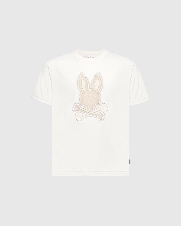 Introducing Psycho Bunny's Kids New Castle Embroidered Graphic Tee (B0U415F200): A white Pima cotton T-shirt showcasing a beige embroidered rabbit's head with crossed bones on the front, creating a striking contrast against its plain gray background.