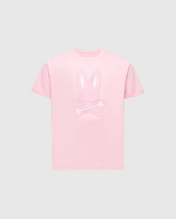 The Psycho Bunny KIDS NEW CASTLE EMBROIDERED GRAPHIC TEE (B0U415F200) features a pink embroidered Bunny head and crossed bones on a light grey background, made from soft Pima cotton for comfort.