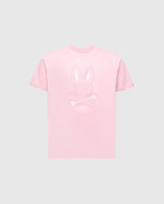 The Psycho Bunny KIDS NEW CASTLE EMBROIDERED GRAPHIC TEE (B0U415F200) features a pink embroidered Bunny head and crossed bones on a light grey background, made from soft Pima cotton for comfort.