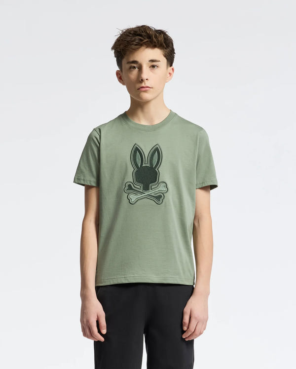 Teen | Kids' New Castle Embroidered Graphic Tee in green by Psycho Bunny, featuring a bold embroidered logo for a stylish, standout look.