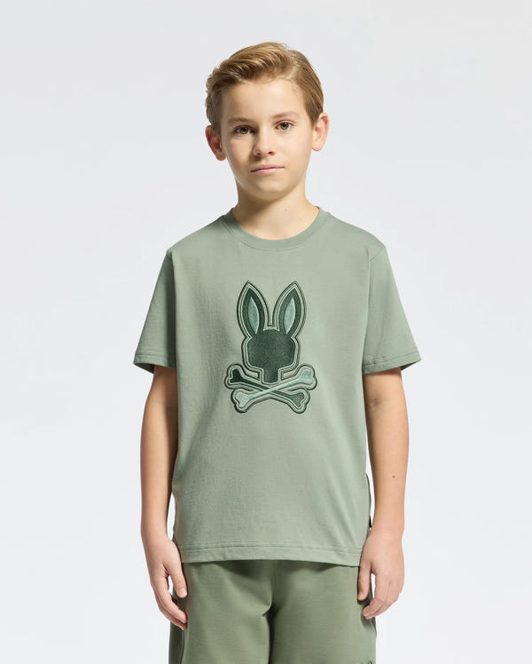Kids | Kids' New Castle Embroidered Graphic Tee in green by Psycho Bunny, featuring a bold embroidered logo for a stylish, standout look.