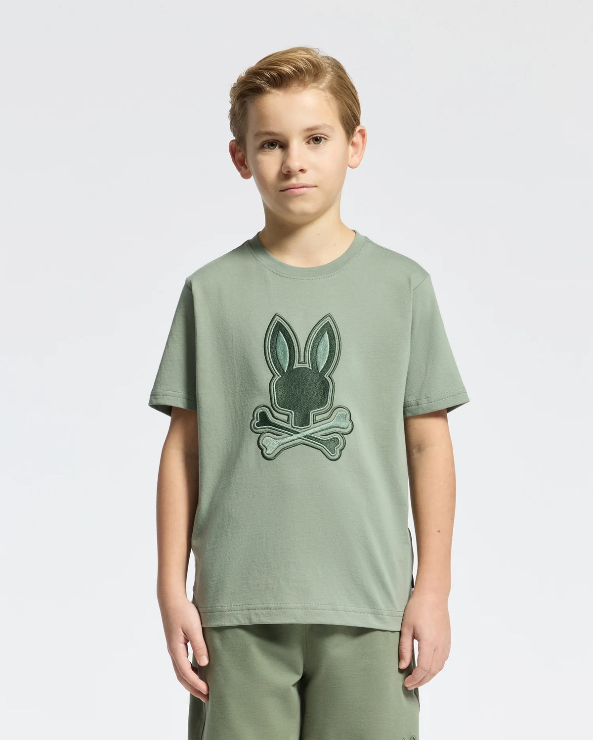 Kids | Kids' New Castle Embroidered Graphic Tee in green by Psycho Bunny, featuring a bold embroidered logo for a stylish, standout look.