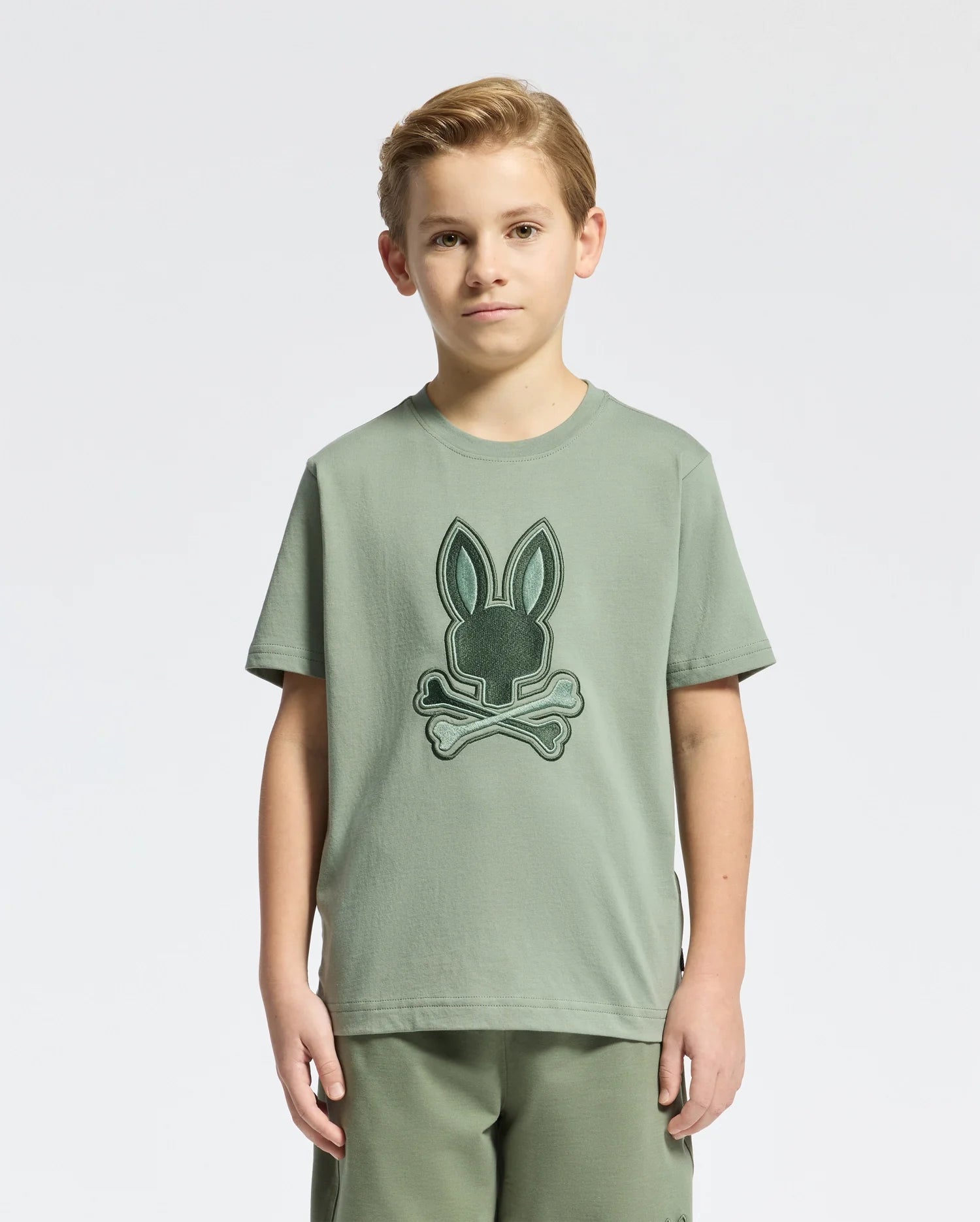 Kids | Kids' New Castle Embroidered Graphic Tee in green by Psycho Bunny, featuring a bold embroidered logo for a stylish, standout look.