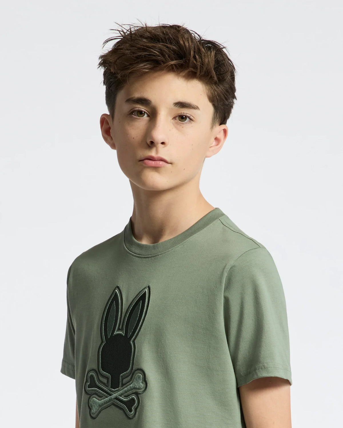 Teen | Kids' New Castle Embroidered Graphic Tee in green by Psycho Bunny, featuring a bold embroidered logo for a stylish, standout look.