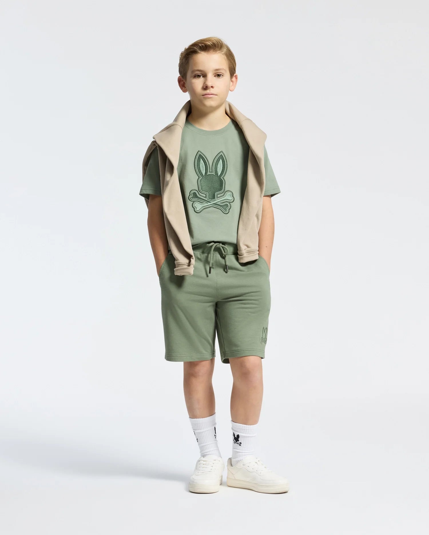 Kids | Kids' New Castle Embroidered Graphic Tee in green by Psycho Bunny, featuring a bold embroidered logo for a stylish, standout look.