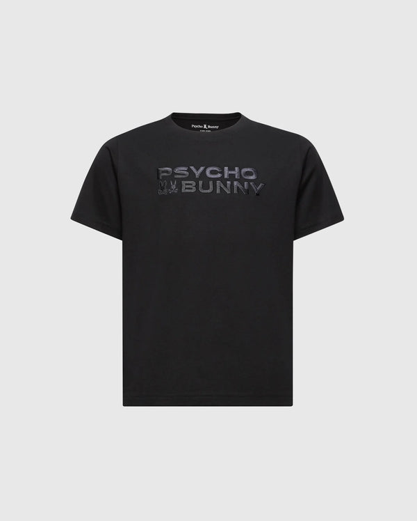 The KIDS BERNI EMBROIDERED WORDMARK GRAPHIC TEE (B0U417F200) by Psycho Bunny is a black Pima cotton tee with "Psycho Bunny" text in dark reflective material on the front. It's made in Peru and features a simple crew neck with an embroidered graphic design against a plain background.