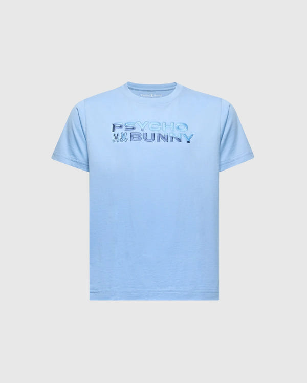 The KIDS BERNI EMBROIDERED WORDMARK GRAPHIC TEE (B0U417F200) by Psycho Bunny is a light blue Pima cotton shirt with "Psycho Bunny" in raised text and a small embroidered bunny logo. It features a rib knit crewneck, shown on a plain white background.