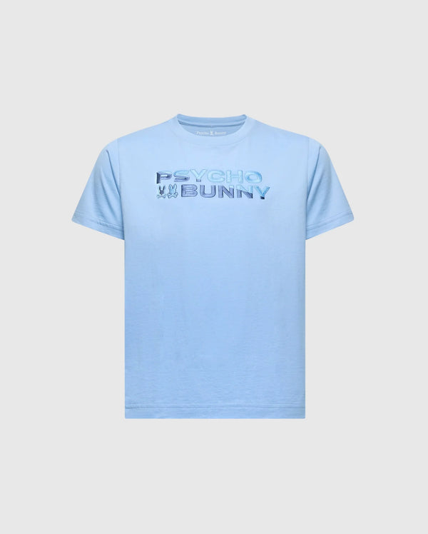 The KIDS BERNI EMBROIDERED WORDMARK GRAPHIC TEE (B0U417F200) by Psycho Bunny is a light blue Pima cotton shirt with "Psycho Bunny" in raised text and a small embroidered bunny logo. It features a rib knit crewneck, shown on a plain white background.