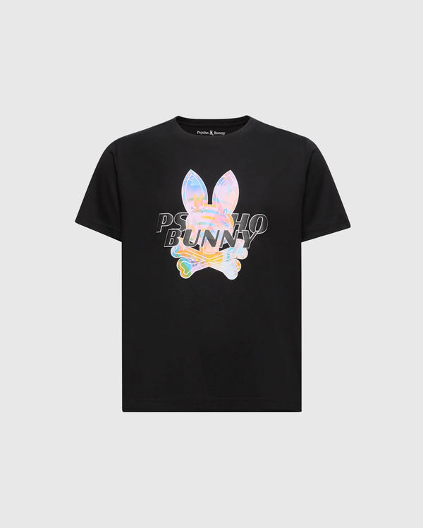 The KIDS MILOS GRAPHIC TEE (B0U456F200) by Psycho Bunny is a black T-shirt made of Peruvian Pima cotton. It showcases colorful, holographic bunny ears and crossbones with "Psycho Bunny" printed in a distorted style over the unique Center Bunny Graphic.