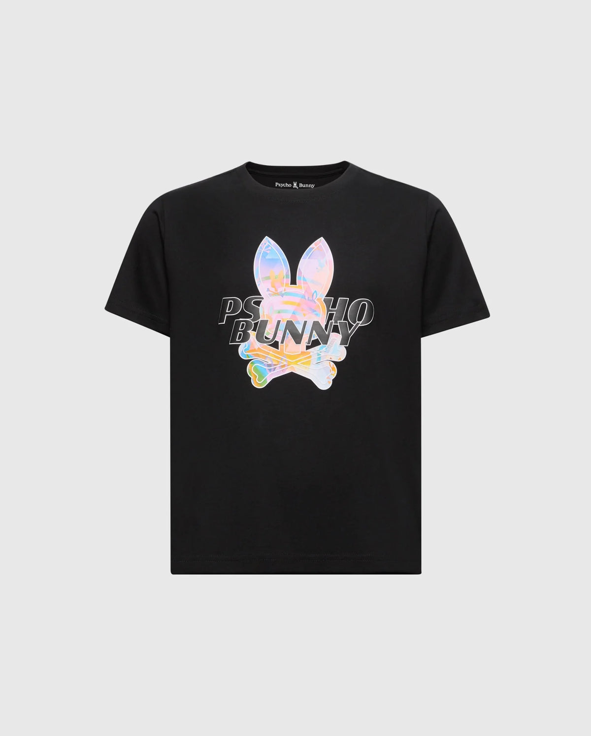The KIDS MILOS GRAPHIC TEE (B0U456F200) by Psycho Bunny is a black T-shirt made of Peruvian Pima cotton. It showcases colorful, holographic bunny ears and crossbones with "Psycho Bunny" printed in a distorted style over the unique Center Bunny Graphic.