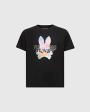 The KIDS MILOS GRAPHIC TEE (B0U456F200) by Psycho Bunny is a black T-shirt made of Peruvian Pima cotton. It showcases colorful, holographic bunny ears and crossbones with "Psycho Bunny" printed in a distorted style over the unique Center Bunny Graphic.