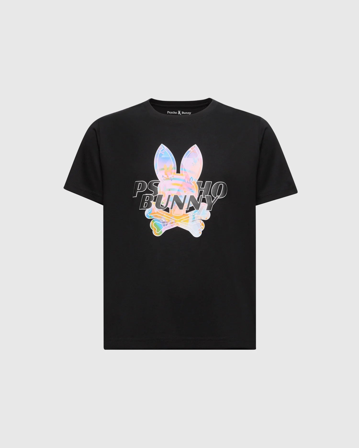The KIDS MILOS GRAPHIC TEE (B0U456F200) by Psycho Bunny is a black T-shirt made of Peruvian Pima cotton. It showcases colorful, holographic bunny ears and crossbones with "Psycho Bunny" printed in a distorted style over the unique Center Bunny Graphic.
