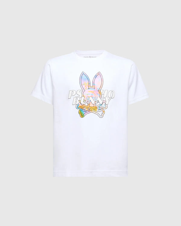 White classic fit jersey t-shirt featuring a large iridescent pastel multi-color Psycho Bunny skull logo graphic on the chest and a small embroidered logo on the back neck.