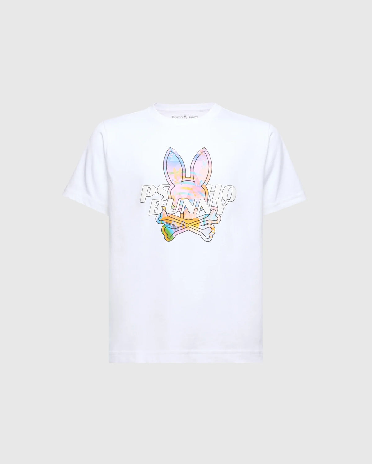 White classic fit jersey t-shirt featuring a large iridescent pastel multi-color Psycho Bunny skull logo graphic on the chest and a small embroidered logo on the back neck.