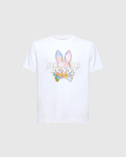 White classic fit jersey t-shirt featuring a large iridescent pastel multi-color Psycho Bunny skull logo graphic on the chest and a small embroidered logo on the back neck.