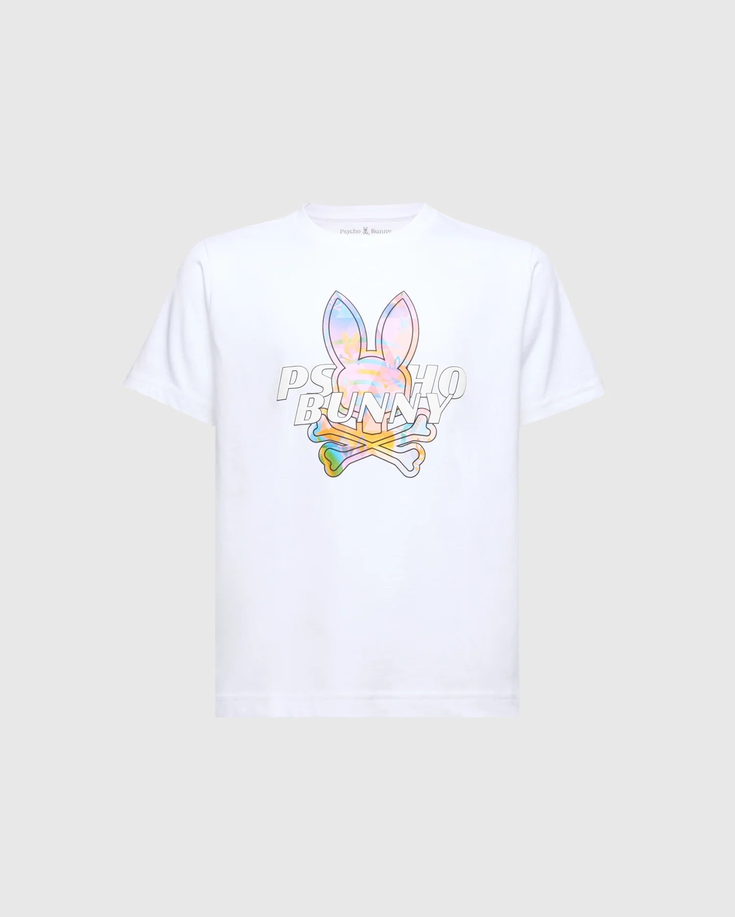 White classic fit jersey t-shirt featuring a large iridescent pastel multi-color Psycho Bunny skull logo graphic on the chest and a small embroidered logo on the back neck.